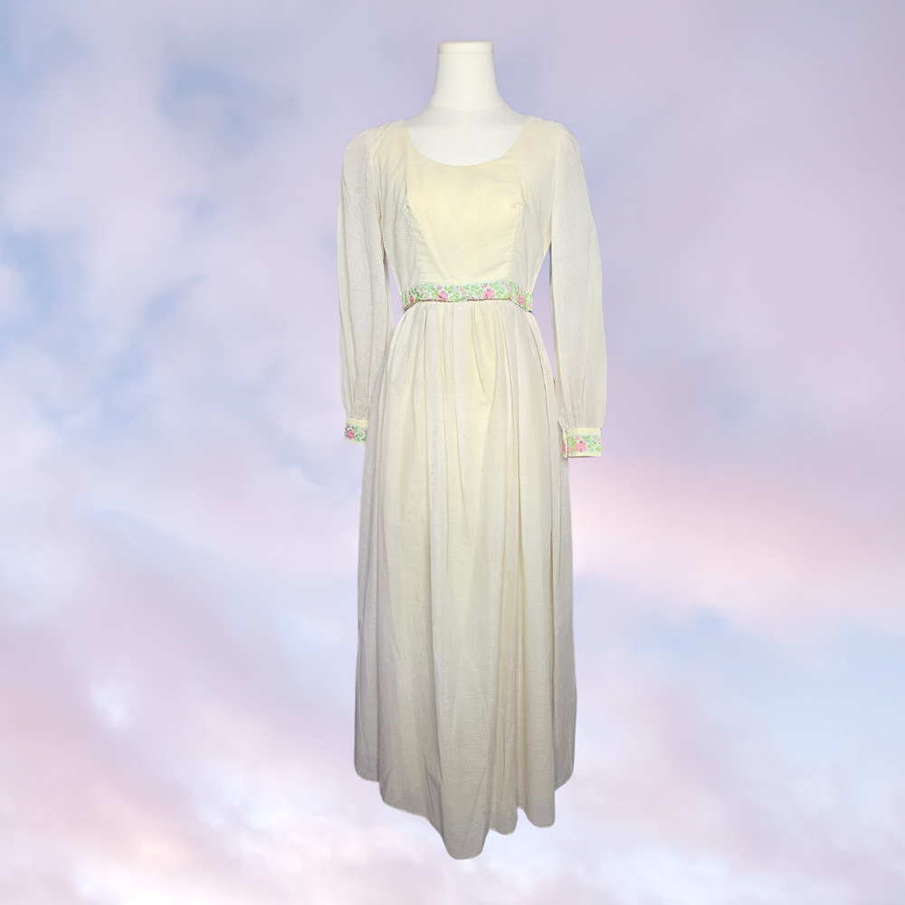 Vtg 60s Handmade Ivory Dotted Floral Trim Prairie Cottage Long Sleeve Maxi Dress